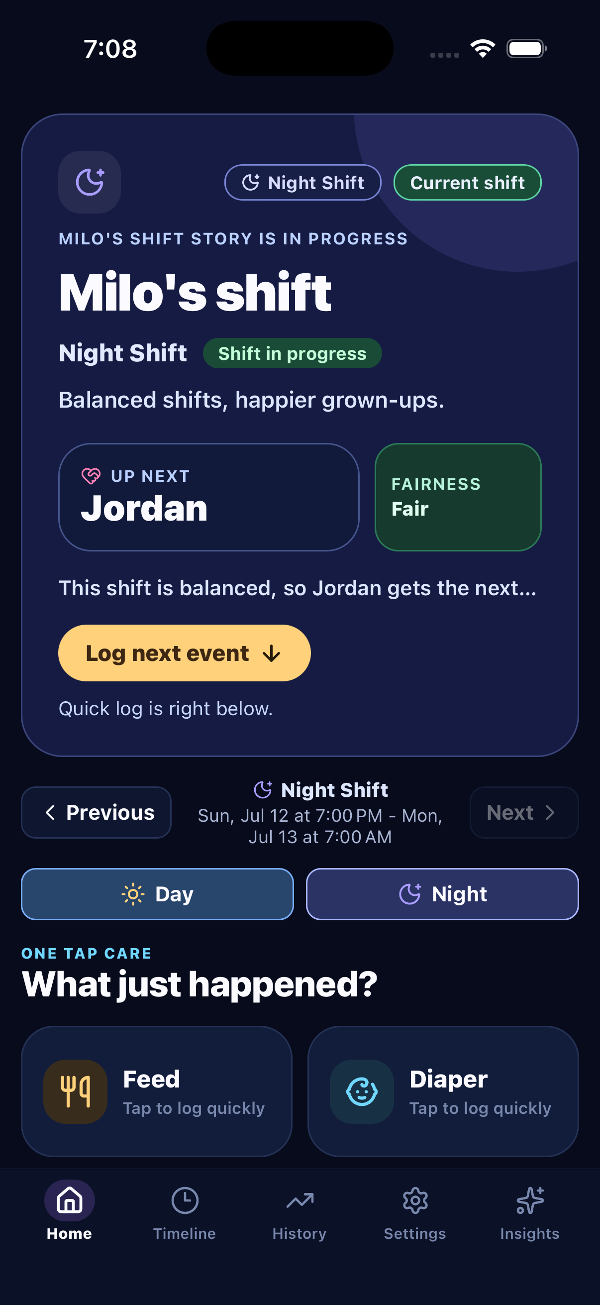 BabyShift dashboard showing the current shift, care balance, and suggested next caregiver